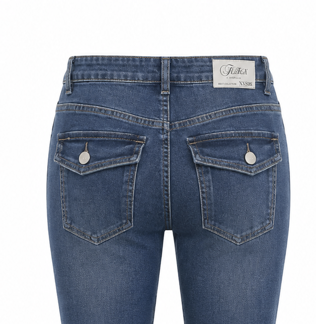 JEANS FLARE BOLSILLOS TAPETA Y BOTON